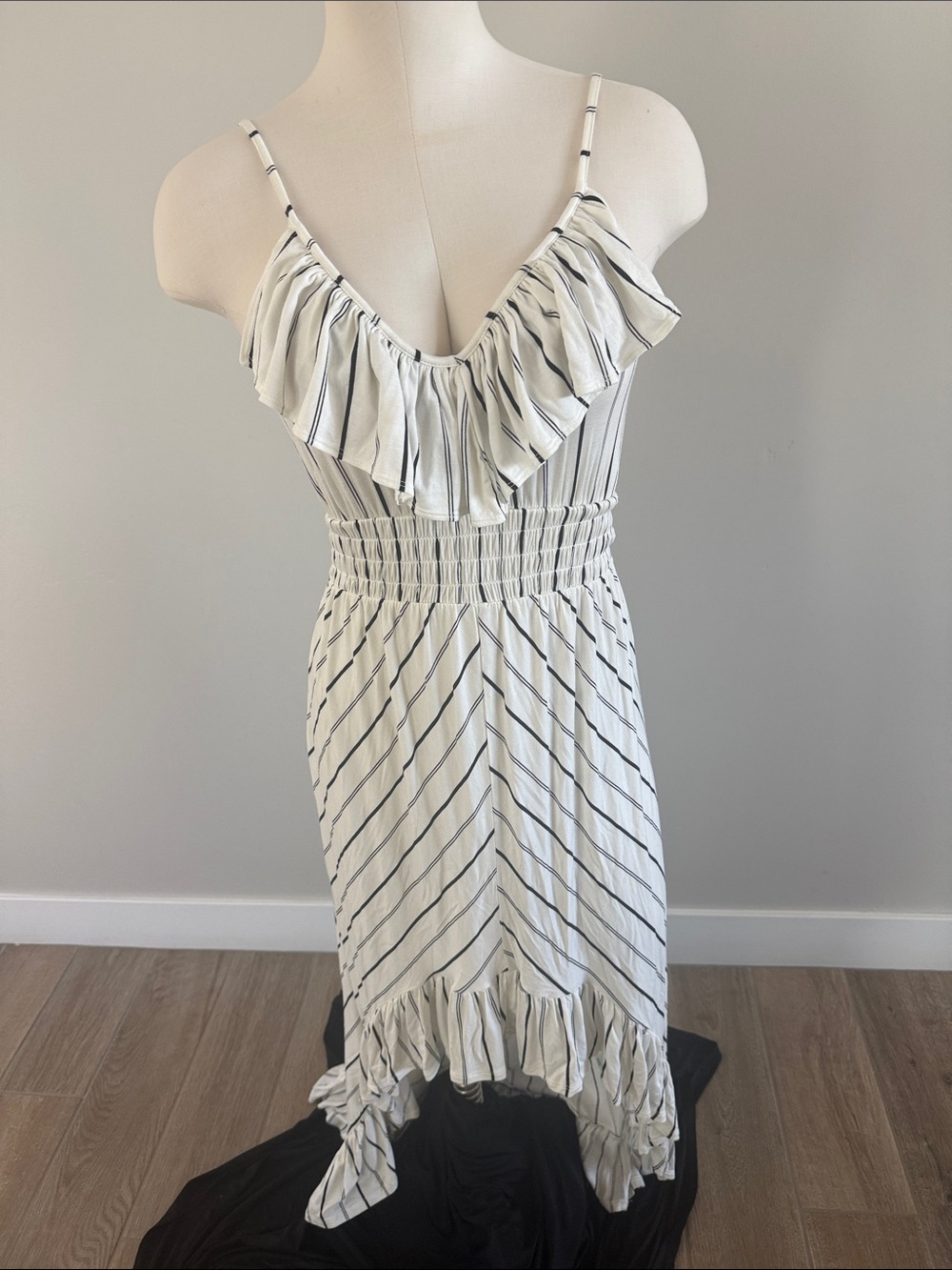Express White Dress with Black Pinstripes and Ruffle High-Low Hem